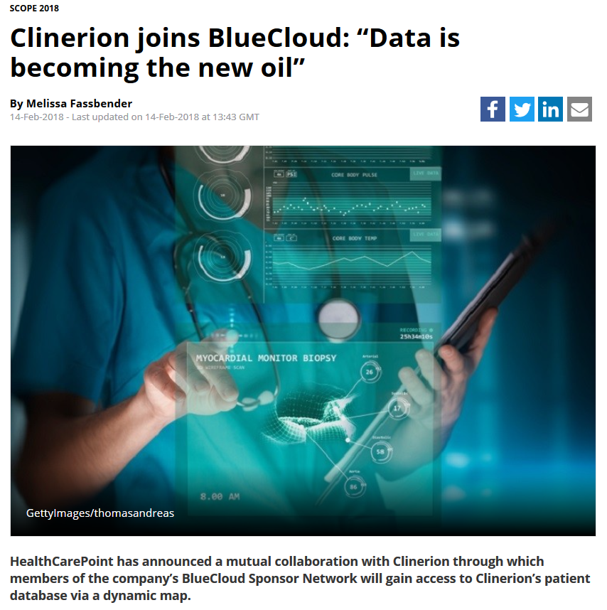 Press article: Clinerion joins BlueCloud: “Data is becoming the new oil” (Outsourcing Pharma)