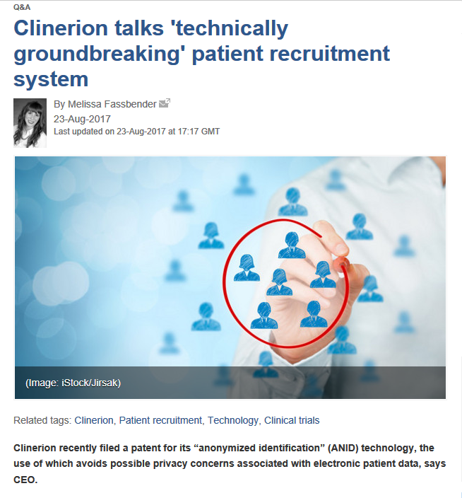 Press article: Clinerion talks 'technically groundbreaking' patient recruitment system. (Outsourcing Pharma)