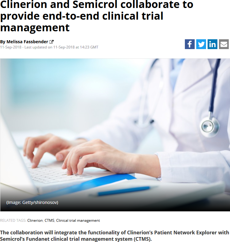 Press article: Clinerion and Semicrol collaborate to provide end-to-end clinical trial management (Outsourcing Pharma)