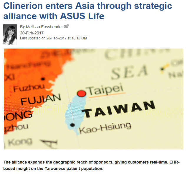Press article: Clinerion enters Asia through strategic alliance with ASUS Life (Outsourcing Pharma)