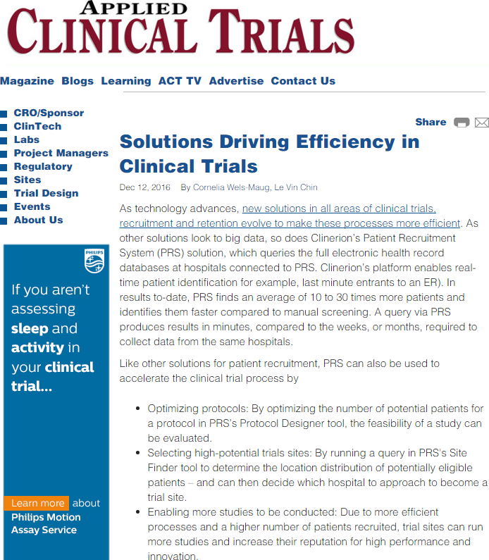 Clinerion article: Solutions Driving Efficiency in Clinical Trials (Applied Clinical Trials)